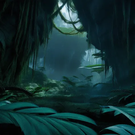 Background concept for the movie “Avatar”, forest, daytime, alien planet, beautiful landscape, alien plants