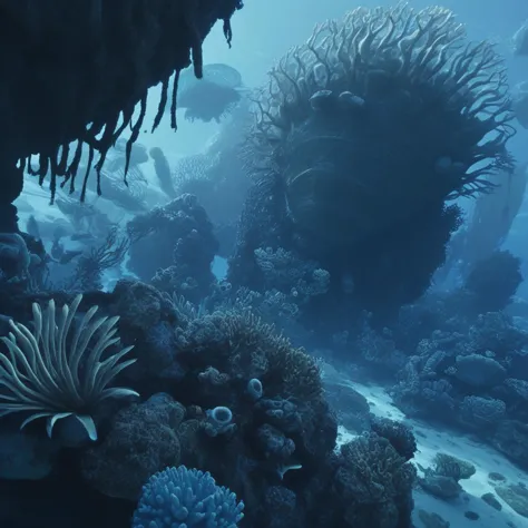 Background concept for the movie “Avatar”, reef, underwater landscape, coral, alien planet, beautiful landscape, alien plants