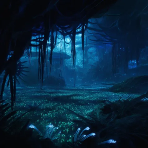 Background concept for the movie “Avatar”, bioluminescent forest, alien planet, beautiful landscape, alien plants