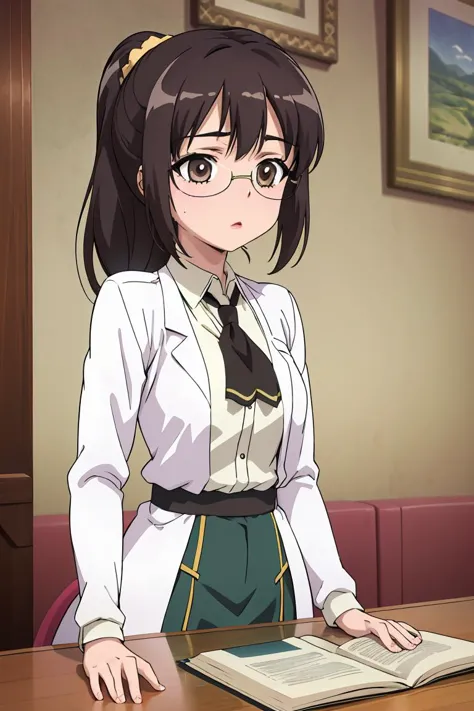 anime girl in uniform sitting at a table with a book