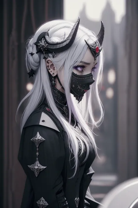 1girl, solo, edelgard_timeskip, crown, horns, red dress, red gloves, black boots, white hair, (pale purple irises, perfect eyes, pupils)
(upper body portrait,  side portrait, serious expression, standing, perfect posture, dark, solemn, poised posture) stark, black catherdral, stoic, pale), cinematic, dlsr, sharp
 (Goth_punk, emo, goth, punk) side view, black, black piercings, (black face mask), forehead emblem,  elegant, intricate detail, ornate black accessories, red accents, gold accents, Masterpiece, high quality, 8k, sharp focus, beautiful, perfect lighting, beautiful eyes, anatomically correct, anatomically correct face, extremely detailed eyes, RAW image, smooth edges, beautiful face, symmetrical eyes, symmetrical face