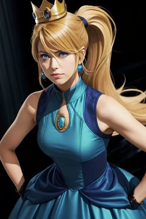 (samus aran) dressed in (blue peachdress), (ponytail, hair tie), (puffy short sleeves, jewelry, dress, princess crown), masterpiece, best quality, (perfect face, beautiful face, symmetric face)