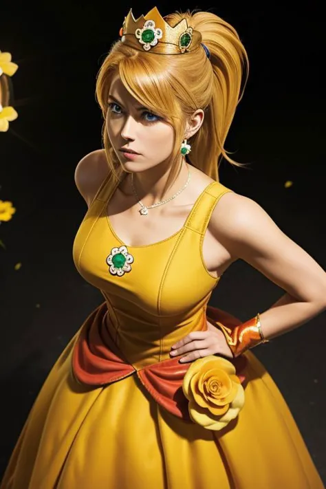 (samus aran) dressed in (puffy yellow and orange daisydress), (ponytail, hair tie), (puffy short sleeves, jewelry, dress, princess crown, flower brooch), masterpiece, best quality, 1girl, (perfect face, beautiful face, symmetric face)