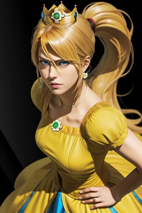 (samus aran) dressed in (puffy yellow daisydress), (ponytail, hair tie), (puffy short sleeves, jewelry, dress, princess crown), masterpiece, best quality, (perfect face, beautiful face, symmetric face)