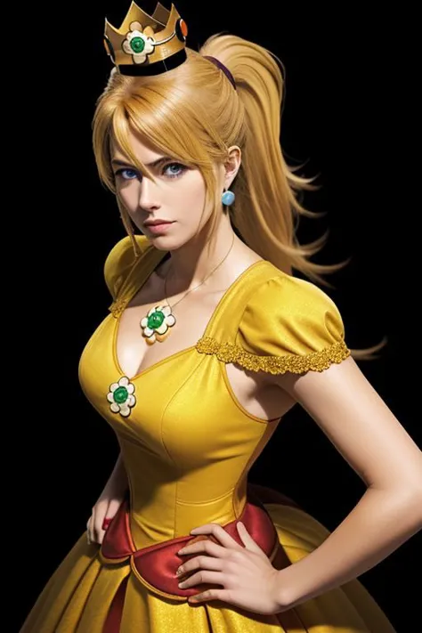 full shot, (samus aran) dressed in (puffy yellow and orange daisydress), (ponytail, hair tie), (puffy short sleeves, jewelry, dress, princess crown, flower brooch), masterpiece, best quality, 1girl, (perfect face, beautiful face, symmetric face)