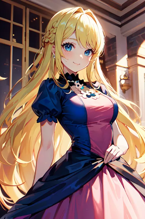 ultra detailed, masterpiece, best quality, solo, light smile, 
1girl, blue eyes, (very long hair, blonde hair, long blonde hair:1.3), french braid, bangs, medium breasts, 
 <lora:princess_peach_dress_outfit-base-anylora-v1-1-1-000017_1_BiiIIMoOOo_WOF:1> peachdress, daisydress, puffy short sleeves, jewelry, dress, blue dress,