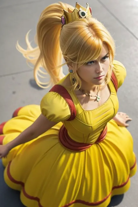 (samus aran) dressed in (puffy yellow daisydress), (ponytail, hair tie), (puffy short sleeves, jewelry, dress, princess crown), masterpiece, best quality, (perfect face, beautiful face, symmetric face)