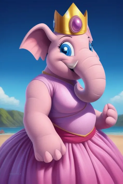 a cartoon elephant wearing a crown standing on a beach