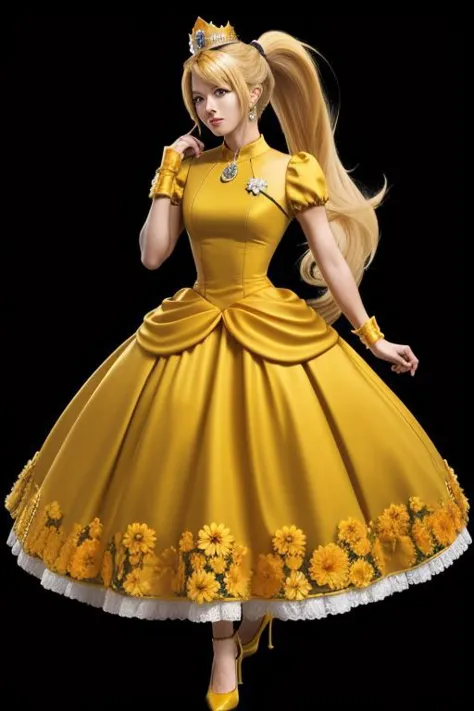 professional detailed (full body) photo, (samus aran) dressed in (puffy yellow and orange daisydress), (ponytail, hair tie), (puffy short sleeves, jewelry, dress, princess crown, flower brooch), masterpiece, best quality, 1girl, (perfect face, beautiful fa...