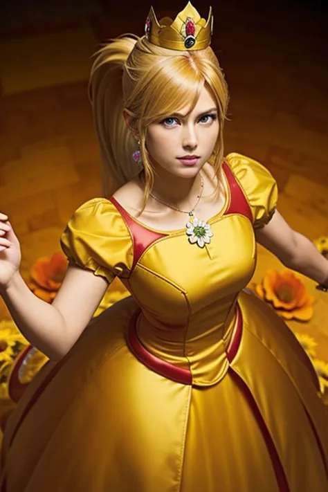 professional detailed (full body) photo, (samus aran) dressed in (puffy yellow and orange daisydress), (ponytail, hair tie), (puffy short sleeves, jewelry, dress, princess crown, flower brooch), masterpiece, best quality, 1girl, (perfect face, beautiful face, symmetric face)