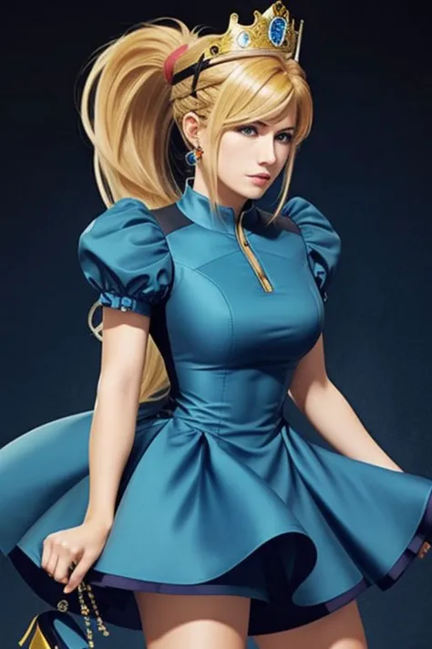 (samus aran) dressed in (blue peachdress), (ponytail, hair tie, high heels), (puffy short sleeves, jewelry, dress, princess crown), masterpiece, best quality, (perfect face, beautiful face, symmetric face)