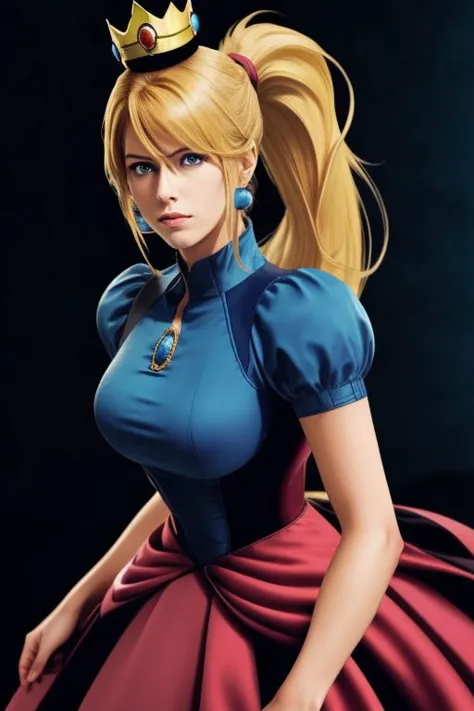 (samus aran) dressed in (blue peachdress), (ponytail, hair tie), (puffy short sleeves, jewelry, dress, princess crown), masterpiece, best quality, (perfect face, beautiful face, symmetric face)