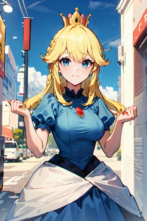 ultra detailed, masterpiece, best quality, solo, light smile, 
1girl, blue eyes, (very long hair, blonde hair, long blonde hair:1.3), french braid, bangs, medium breasts, 
 <lora:princess_peach_dress_outfit-base-anylora-v1-1-1-000017_1_BiiIIMoOOo_WOF:1> peachdress, puffy short sleeves, jewelry, dress, blue dress, <lora:supercrown2:0.6> super crown,