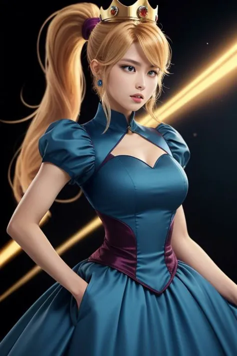 (samus aran) dressed in (blue peachdress), (ponytail, hair tie), (puffy short sleeves, jewelry, dress, big skirt, princess crown...