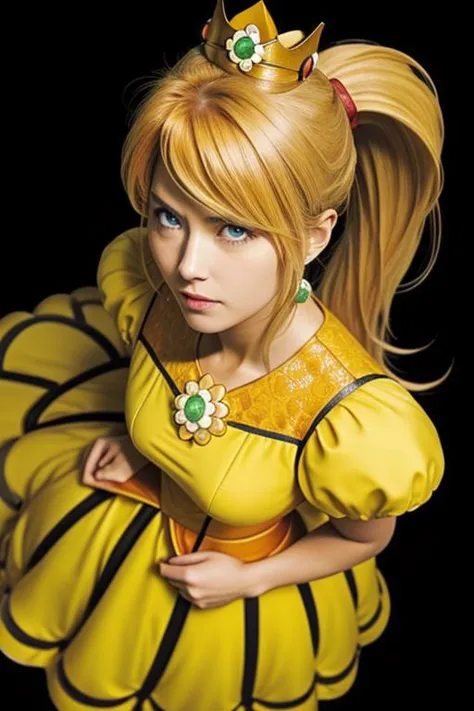 full shot, (samus aran) dressed in (puffy yellow and orange daisydress), (ponytail, hair tie), (puffy short sleeves, jewelry, dress, princess crown, flower brooch), masterpiece, best quality, 1girl, (perfect face, beautiful face, symmetric face)