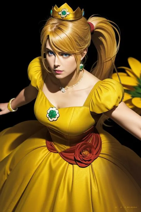 (Samus Aran) vestidoed in (puffy yellow and orange daisyvestido), (cola de caballo, Liga para el cabello), (mangas cortas hinchadas, joyas, vestido, corona de princesa, broche de flores), obra maestra, mejor calidad, 1 chica, (cara perfecta, Hermoso rostro, cara simétrica)