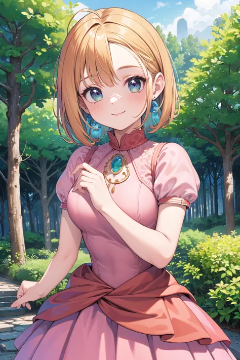 best quality, ultra-detailed, (1girl, solo, <lyco:princess_peach_dress_outfit-v1:1>,peachdress, puffy short sleeves, jewelry,dress,  , diagonal bangs,  smile, comb over hair ), in a forest clearing