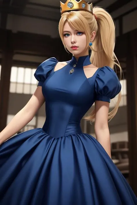 (samus aran) dressed in (blue peachdress), (ponytail, hair tie), (puffy short sleeves, jewelry, dress, big skirt, princess crown), masterpiece, best quality, (perfect face, beautiful face, symmetric face), hyper breasts, tiny waist