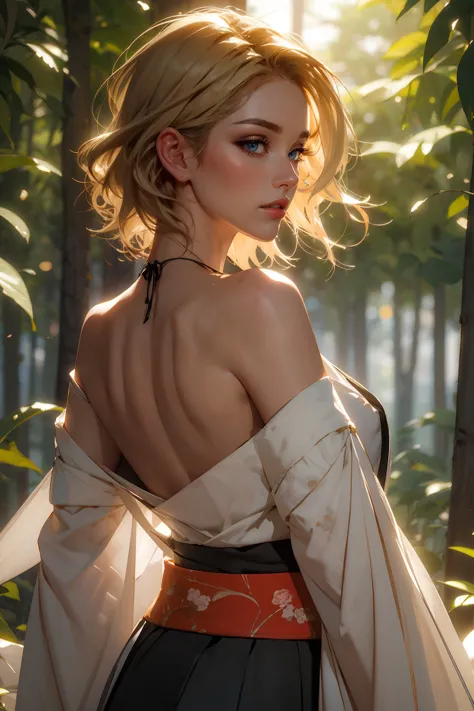 (masterpiece, best quality, ultra-detailed:1.3), 1girl wearing a kimono, from behind, bare shoulders, off shoulder, shoulder blades, looking at viewer from behind, lewd, in the forest, romantic, night time, magical, enchanting, parted lips, vibrant lighting, vibrant colors, (masterpiece, best quality, ultra-detailed, best shadow), (perfect female body perfect female waist:1.2) BREAK (short blonde hair, laced hair:1.2)  <lora:body/GoodHands-beta2:0.8> <lora:outfits/OffShoulderKimono:0.7>