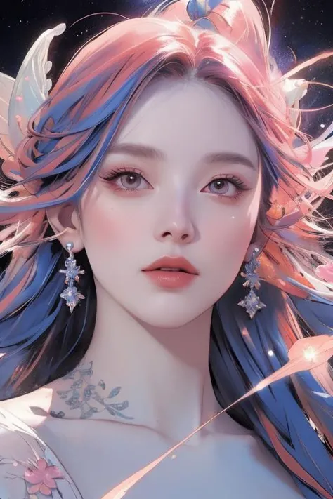 fairy, multicolored hair, detailed background, nebula, intricate details, realism, (perfect face: 1.2)