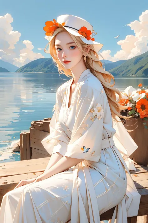 blonde woman in white dress sitting on a wooden dock by the water