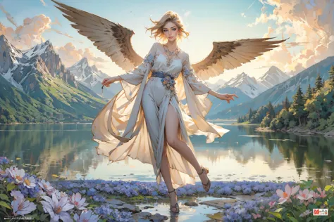 a painting of a woman with wings standing in the water