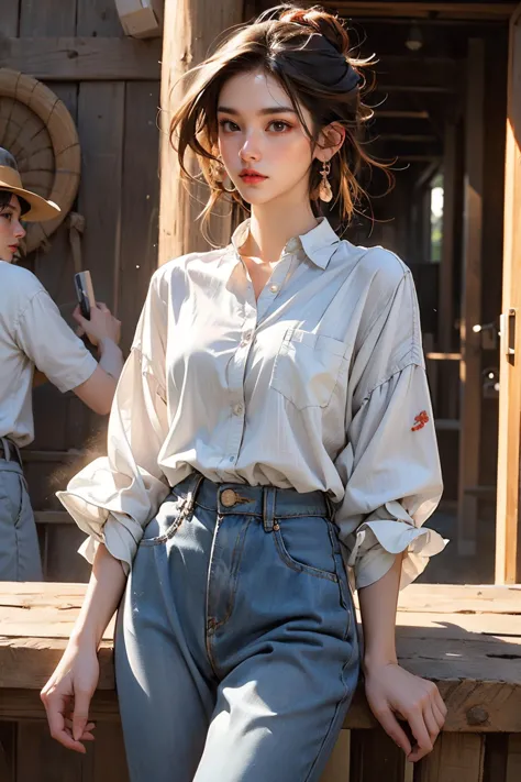 1girl, full body, (cowboy shot:1.3), European, (golden-ratio face, perfect proportioned face, perfectly beautiful:1.3), (peer proportional face), Interest, Dark brown eyes, looking away, detailed face, parted lips, Copper Messy bun, Elegant, large breasts, HotPink Polyester Oversized button-down shirt, Caramel Jersey A-line culottes, Slip-on sneakers, ,, nice hands, perfect hands, (glossy skin, perfect skin:1.2), shiny skin, (white skin, pale skin:1.3), read a love letter under sunshine, morning, seaside, (masterpiece, best quality, highest quality:1.3), (natural light, ray tracing, volumetric light), (top quality), (perfect detail:1.2), original, extremely detailed 8K wallpaper, (highres, an extremely delicate and beautiful), incredibly absurdres, intricate detail, distinct image, extremely intricate, High definition, <lora:GoodHands-beta2:1>  <lora:more_details:0.3>