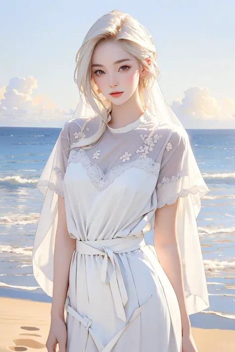 a woman in a white dress standing on a beach next to the ocean