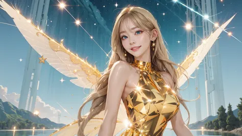 a close up of a woman in a gold dress with wings