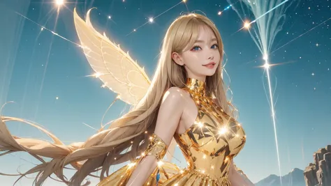 (estrela de ídolo kpop global de beleza final:1.4), vestindo um (vestido cristalino),cabelo loiro, cabelo absurdamente longo, (Lindos grandes olhos azuis:1.3),(seios enormes:1.2),(noite estrelada:1.3), (refletindo asas de fada:1.3), vestido de fada,cauda curta,(detalhes extremamente super incríveis, hiper ultra intrincados:1.3),(Roupas que refletem a luz de uma forma incrivelmente brilhante, refletindo e piscando:1.3),(efeitos de reflexão:1.3),(partículas de luz:1.3),(reflexos de lentes flutuantes:1.3),(cabelo dourado refletindo a luz:1.3),(visão perfeita:1.5),(Campo Noturno:1.2),(todo o céu enche a luz das estrelas:1.3),(plano amplo:1.2)
Inventar,lábios vermelhos,sorriso sedutor,(Olhos grandes incríveis:1.2),(perl brilhante misturado com cílios muito longos:1.3),