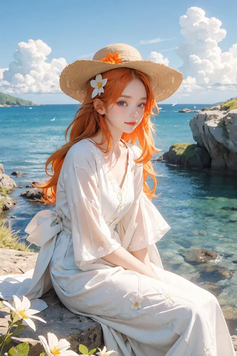 1girl, outdoors, solo, flower, blue eyes, long hair, looking at viewer, long dressï¼hat, ocean, dress, sitting, white flower, sky, bug, hat flower, day, bangs, butterfly, water, long sleeves, blue sky, rock, cloud, orange dress, blonde hair, horizon, orange headwear, hair ornament, closed mouth, smile, hair flower, short sleeves, looking to the side, bird, scenery, mountainous horizon, red headwear, white dress