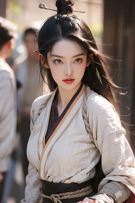 a close up of a woman in a white dress with a red flower in her hair