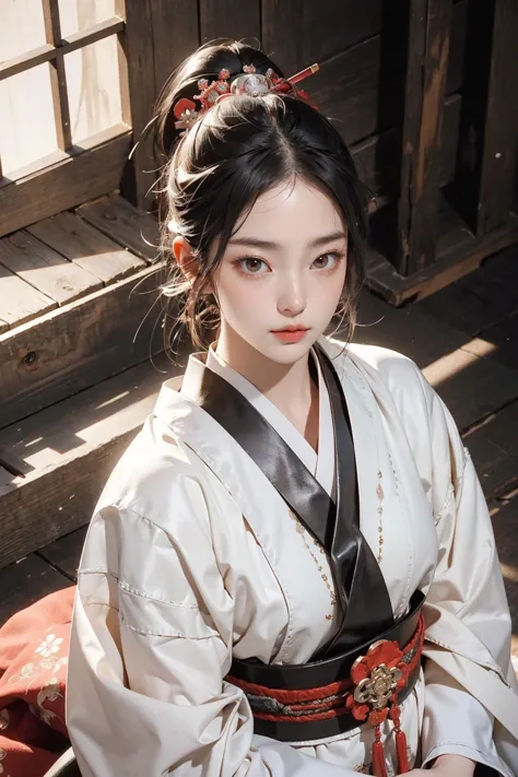 medium shot of japanese samurai geisha, beautiful , looking up, leather armour, silk robe, soft lighting, film grain, from above...