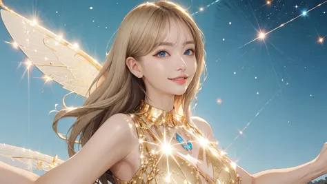 (ultimate beauty global kpop idol star:1.4), wearing a (crystalline dress),blonde hair, absurdly long hair, (beautiful big blue eyes:1.3),(huge breasts:1.2),(starry night:1.3), (reflecting fairy wings:1.3), fairy dress,short tail,(extremely super amazing hyper ultra intricate detail:1.3),(Clothing that reflects light in an incredibly sparkling reflecting dazzling flashing way:1.3),(reflection effects:1.3),(light particles:1.3),(floating lens flares:1.3),(light reflecting gold hair:1.3),(persfective view:1.5),(night field:1.2),(all sky fills starlight:1.3),(wide shot:1.2)
makeup,crimson lips,seductive smile,(amazing big eyes:1.2),(brilliant perl mixed very long eyelashes:1.3),