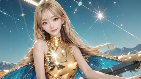 (ultimate beauty global kpop idol star:1.4), wearing a (crystalline dress),blonde hair, absurdly long hair, (beautiful big blue eyes:1.3),(huge breasts:1.2),(starry night:1.3), (reflecting fairy wings:1.3), fairy dress,short tail,(extremely super amazing hyper ultra intricate detail:1.3),<lora:crystalline_dress-SD-2.0:1:lbw=CLOTHING>,
(Clothing that reflects light in an incredibly sparkling reflecting dazzling flashing way:1.3),(reflection effects:1.3),(light particles:1.3),(floating lens flares:1.3),(light reflecting gold hair:1.3),<lora:Floor-Length Hair:0.4>,(persfective view:1.5),(night field:1.2),(all sky fills starlight:1.3),(wide shot:1.2)
<lora:Fuka07:1:lbw=FACE>,makeup,crimson lips,seductive smile,(amazing big eyes:1.2),(brilliant perl mixed very long eyelashes:1.3),