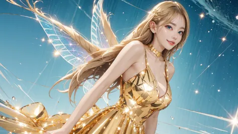 a close up of a woman in a gold dress with a fairy wings