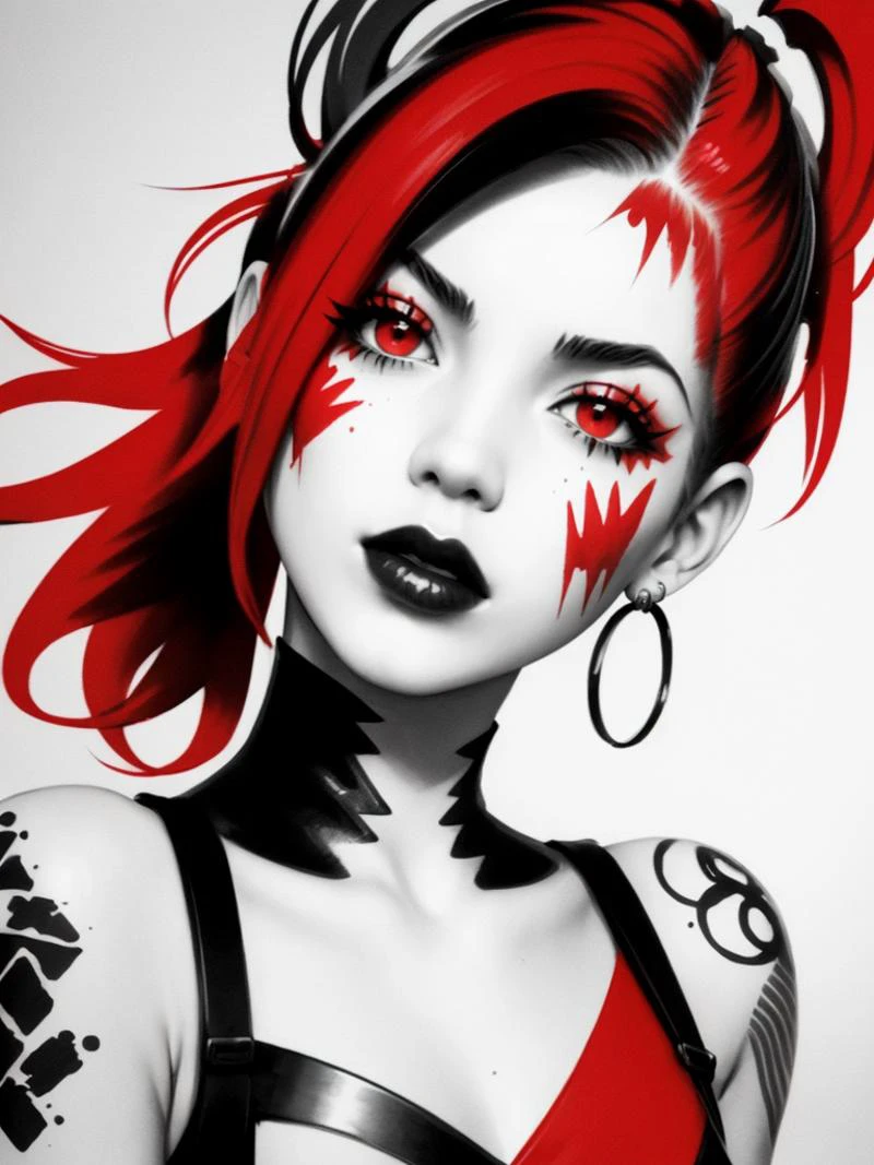 흑백 컨셉 아트, 펑크 소녀의 잉크펑크 스타일 잉크 그림, 머리와 어깨 초상화, 미적 양식에 일치시키는 빨간색 검정색 흰색 스플래시 잉크 스케치, 날카로운 초점, (붉은 색이 튀다)