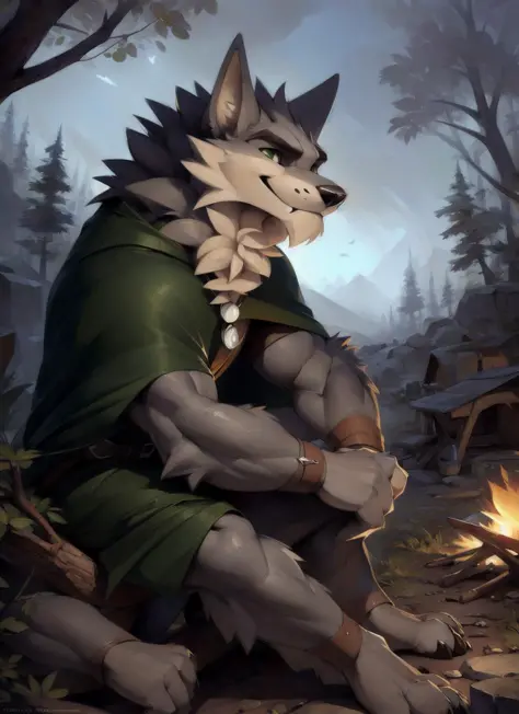 ranok, anthro, male, muscular, sitting in a rock,, smile, solo, by Pixelsketcher, by Bayard Wu, by Thomas Benjamin Kennington , by Einshelm, BREAK, (green eyes), ((full body)), (night), forest, campfire, ((solo)), looking at the campfire, cape