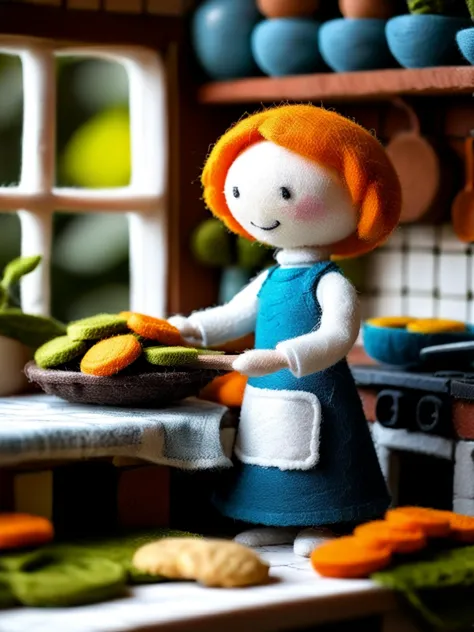 felt world,felt style,felt-world\(style\),felt-world\(style\), {[1girl], [vibrant orange hair, blue and white dress, rolling pin...