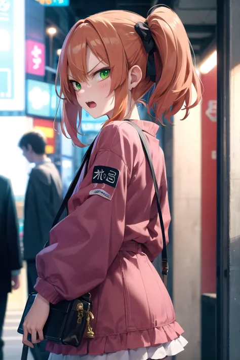 anime girl with ponytail hair and green eyes standing on a sidewalk