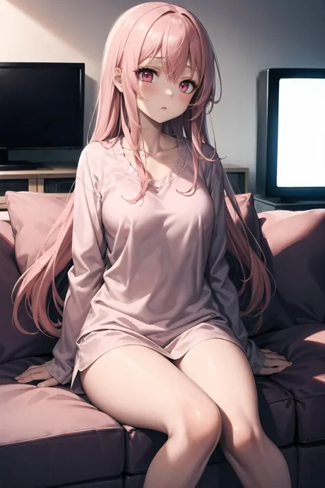 masterpiece, best quality, 1girl, long pink hair, pink eyes, sleepwear, room, tv, couch