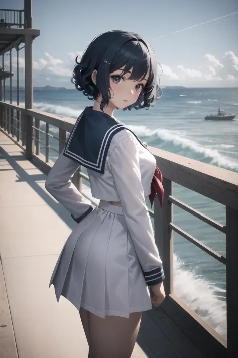masterpiece, best quality, 1girl, short curly blue hair, sailor uniform, board walk, magnificent ocean in background