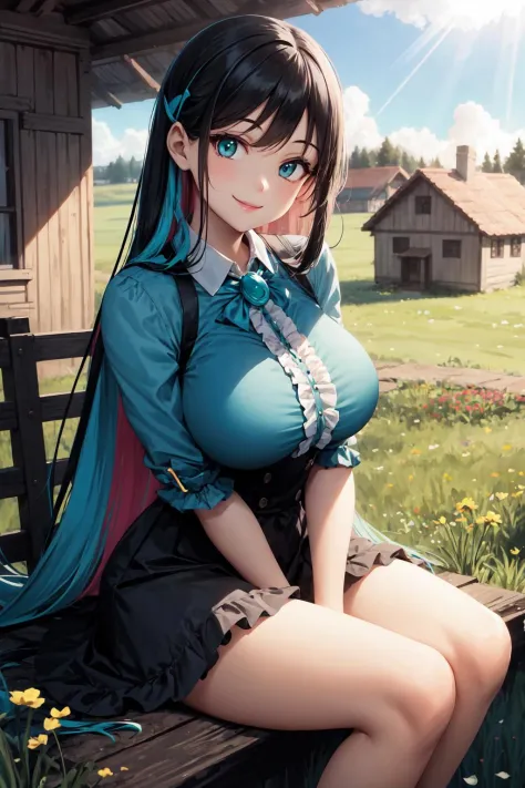 best quality, 1girl, meadow, [houses], sitting, large breasts, upper body, sun rays,teal frilled shirt, two tone, very long blac...