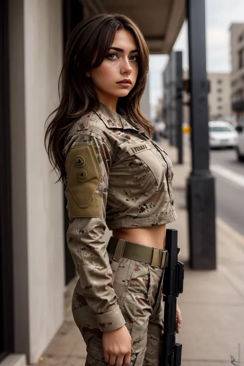 a woman in a military uniform holding a gun on a city street