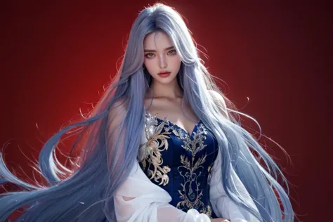 a close up of a woman with long blue hair wearing a dress