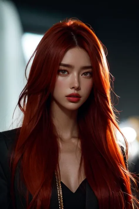 a woman with red hair and a black top posing for a picture