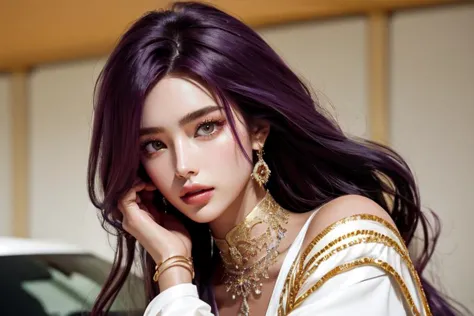 a woman with purple hair and gold jewelry posing for a picture