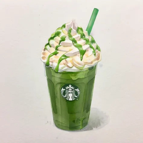 Generate an image in a watercolor style of a Matcha Frappuccino, brimming with whipped cream, served in a paper cup. Emphasize t...