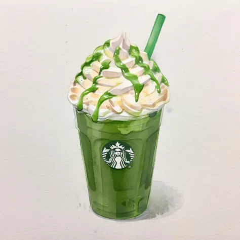 水彩画風の抹茶フラペチーノの画像を生成します, ホイップクリームたっぷり, 紙コップで提供される. ホイップクリームのクリーミーな質感と抹茶ブレンドの鮮やかな緑色を強調します. 水彩画の技法は流動性を与える, 飲み物の柔らかな外観, 色が背景に優しく溶け込んでいる. 滑らかなコントラストを強調する, 泡立ったトッピングと濃厚な, 見た目に魅力的な構成の飲み物の質感,