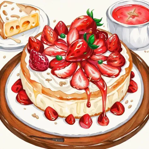 An appetizing cheese strawberry cake, presented in a vibrant watercolor style. The cake features layers of rich, creamy cheese filling and fresh, bright red strawberries on top. Each strawberry is delicately painted, with attention to its natural sheen and texture. The cheese layer is smooth and luscious, with watercolor hues highlighting its creamy texture. The cake sits on a rustic wooden table, with a few strawberry slices and crumbs artfully scattered around, adding to the composition's authenticity. The background is a soft wash of pastel colors, lending a dreamy, artistic quality to the entire scene,